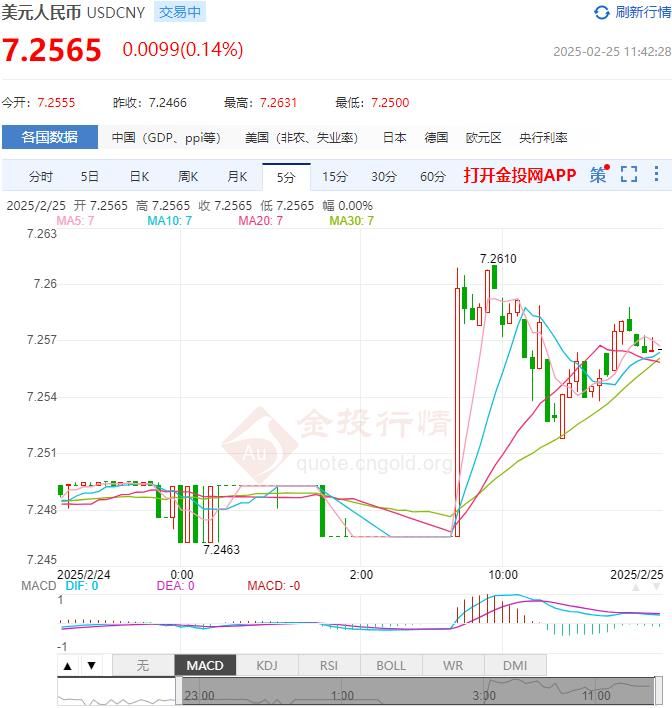 2025年02月25日：2月25日人民币对美元中间价报7.1726 较前一交易日下调9个基点